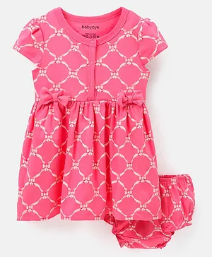 Babyoye 100%Cotton Short Sleeves Frock With Bloomer Bow Print & Appliques - Dark Pink