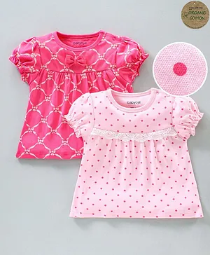Babyoye Organic Cotton Puff Sleeves Tops Bow & Dot Print Pak of 2 - Pink