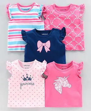 Babyoye Cotton Cap Sleeves Tops Multiprint Pack of 5 - Pink Navy Blue