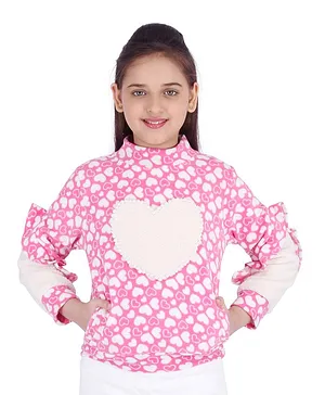Cutecumber Full Sleeves Fleece Heart Printed Sweatshirt - Pink