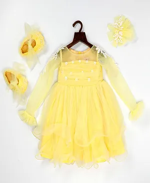 PinkCow Flower Embroidered Full Sleeves Dress With Booties & Hair Clip - Yellow