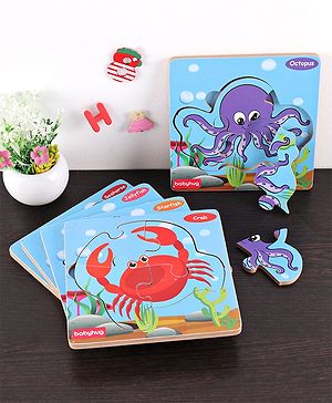 Babyhug 5 in 1 Premium Wooden Jigsaw Aquatic 20 pcs puzzle - Set of 5| Educational Toy for Cognitive Development| Montessori Learning Toy| BIS Certified| 2 Years+