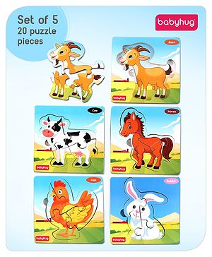 Babyhug 5 in 1 Premium Wooden Jigsaw Farm Animal 20 pcs puzzle - Set of 5| Educational Toy for Cognitive Development| Montessori Learning Toy| BIS Certified| 2 Years+