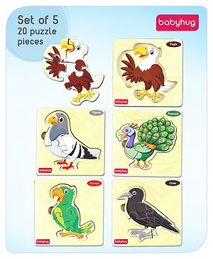 Babyhug 5 in 1 Premium Wooden Jigsaw Birds 20 pcs puzzle - Set of 5| Educational Toy for Cognitive Development| Montessori Learning Toy| BIS Certified| 2 Years+