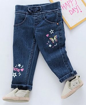 Babyhug Denim Slim Fit Capri Butterfly Print - Dark Blue