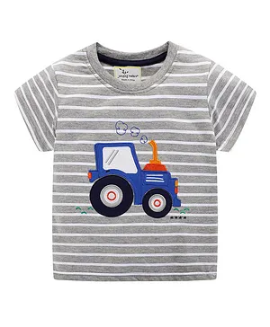 Kookie Kids Half Sleeves Stripe Tee Vehicle Embroidery - Grey