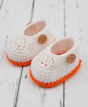 Love Crochet Art Woolen Crochet Booties With Double Layer - White & Orange