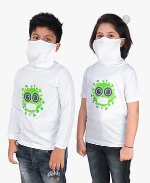Knotty Kids Virus Printed Full Sleeves Tee With Attached Mask - White