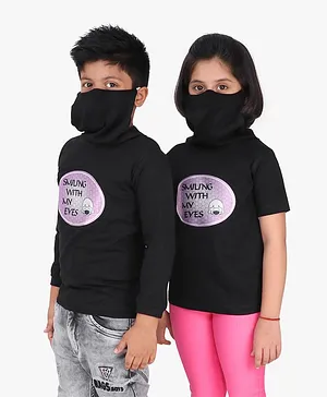Knotty Kids Full Sleeves Smiling With Eyes Printed Tee With Attached Mask - Black