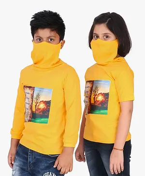 Knotty Kids Full Sleeves Scenic Print Detailing Tee With Attached Mask - Yellow