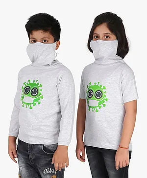 Knotty Kids Full Sleeves Virus Printed Tee With Attached Mask - Grey
