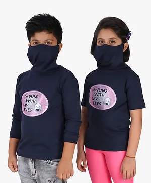 Knotty Kids Half Sleeves Smiling With My Eyes Printed Tee With Attached Mask - Blue
