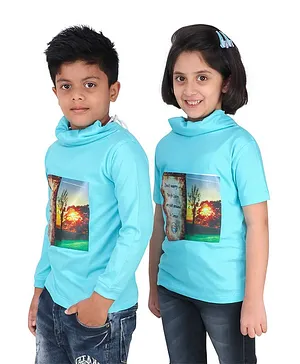 Knotty Kids Half Sleeves Scenic Print Detailing Tee With Attached Mask - Light Blue