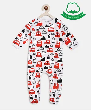 berrytree Organic Cotton Full Sleeves Car Print Romper  - Red