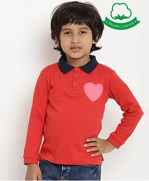 berrytree Organic Cotton Full Sleeves Heart Patch Polo T-Shirt - Red