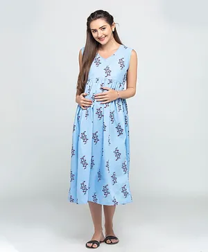 CHARISMOMIC Sleeveless Flower Printed Maternity Nursing Dress - Blue
