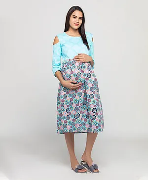 CHARISMOMIC Three Fourth Sleeves Flower Print Maternity Dress - Blue