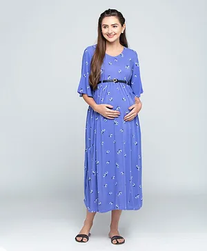 CHARISMOMIC Half Sleeves Flower Print Maternity Dress - Blue