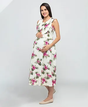 CHARISMOMIC Sleeveless Tropical Efflorescent Print Maternity Nursing Dress - White