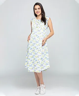 CHARISMOMIC Sleeveless Blossom Trapeze Maternity Nursing Dress - White
