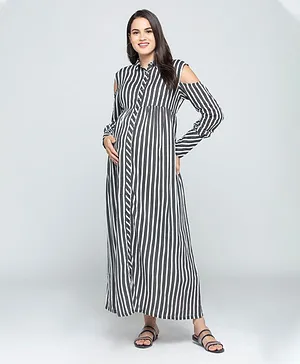 CHARISMOMIC Full Sleeves Cold Shoulder Striped Maternity Nursing Dress - Black
