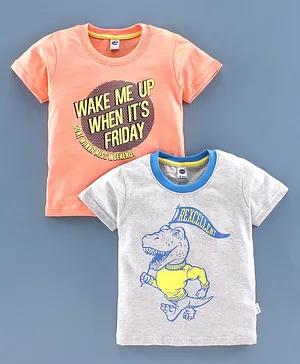 Teddy Half Sleeves Tee Dino Print Pack of 2 - Peach Grey