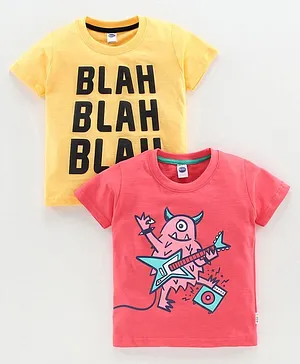 Teddy Half Sleeves Tee Dino Print Pack of 2 - Pink Yellow