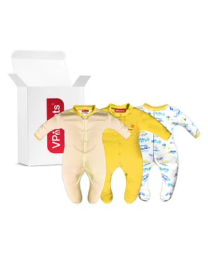 VParents Aqua Footed Baby Romper Pack of 3 - Yellow (Design May Vary)