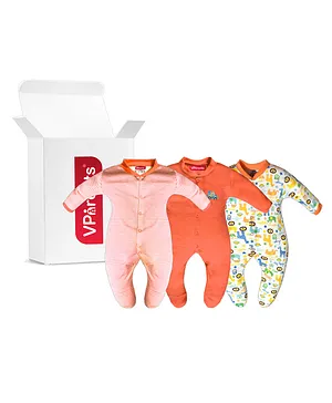 VParents Aqua Footed Baby Romper Pack of 3 - Orange (Design May Vary)