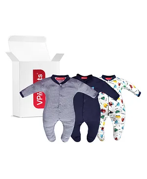 VParents Aqua Footed Baby Romper Pack of 3 - Royal Blue (Design May Vary)