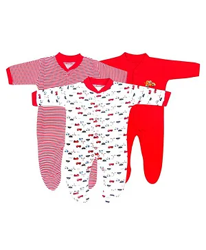 VParents  Full Sleeves Footed Rompers Car Print Pack of 3 - White Red