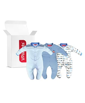 VParents Aqua Footed Baby Romper Pack of 3 - Blue (Design May Vary)