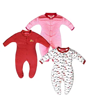 VParents Aqua Footed Baby Romper Pack of 3 - Red (Design May Vary)
