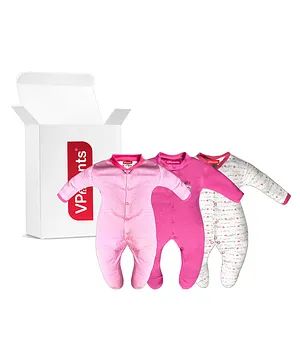 VParents Aqua Footed Baby Romper Pack of 3 - Pink (Design May Vary)