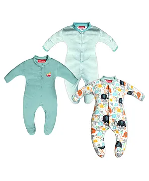 VParents Full Sleeves Footed Rompers Elephant Print Pack of 3 - White Sea Green