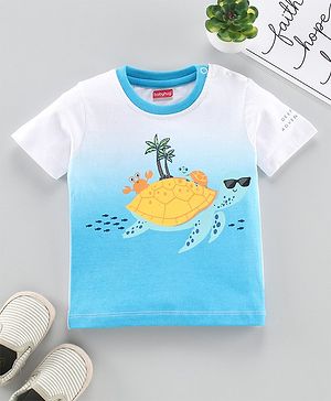 Babyhug Half Sleeves Biowashed T-Shirt Turtle Print - White Blue - 6-9m Blue