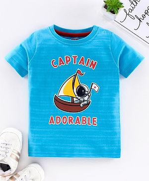Babyhug Half Sleeves Biowashed Tee Boat Print - Blue