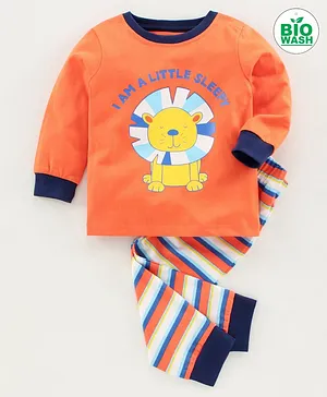 Babyoye Full Sleeves Bio Wash Cotton Blend Night Suit Lion Print - Orange