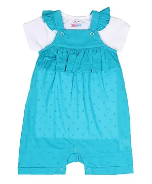 Young Birds Short Sleeves Tee With Self Embroidery Detailing Dungaree Style Romper - Light Blue