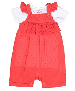 Young Birds Short Sleeves Tee With Self Embroidery Detailing Dungaree Style Romper - Red