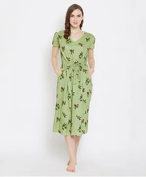 Clovia Half Sleeves Floral Printed Nighty - Green