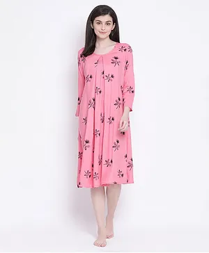 Clovia Full Sleeves Leaf Print Feeding Short Night Dress - Pink