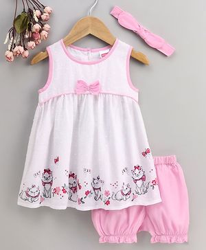 Babyhug Sleeveless Frock with Bloomer & Headband Kitty Print - Pink White - 12-18M White