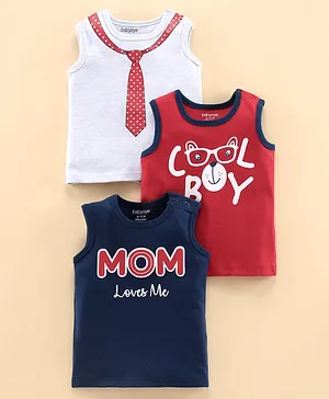 Babyoye Cotton Sleeveless Tees Multiprint Pack of 3 - Grey Red Navy Blue