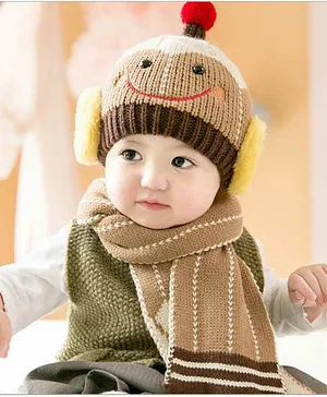Syga Knitted Cap With Scarf Set Brown - Diameter 17.5 cm