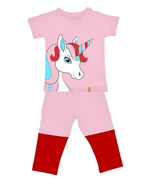 Plan B Unicorn Print Half Sleeves Night Suit - Baby Pink