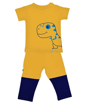 Plan B Baby Dino Print Half Sleeves Night Suit - Yellow