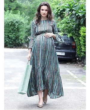 Mine4Nine Printed Full Sleeves Striped Maternity Dress - Green