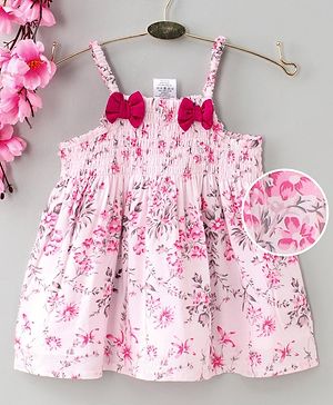 Babyhug Singlet Printed Top with Smocking & Bow - White