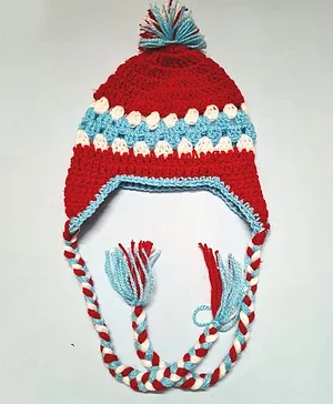 Knits & Knots Striped Ear Flap Cap - Circumference 32cm - Red Blue & White